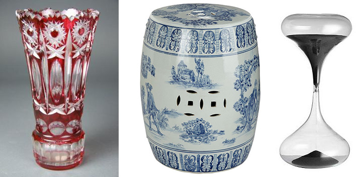 Flashed overlay Bohemian glass. Chinese ceramic stools. Hourglass decor.